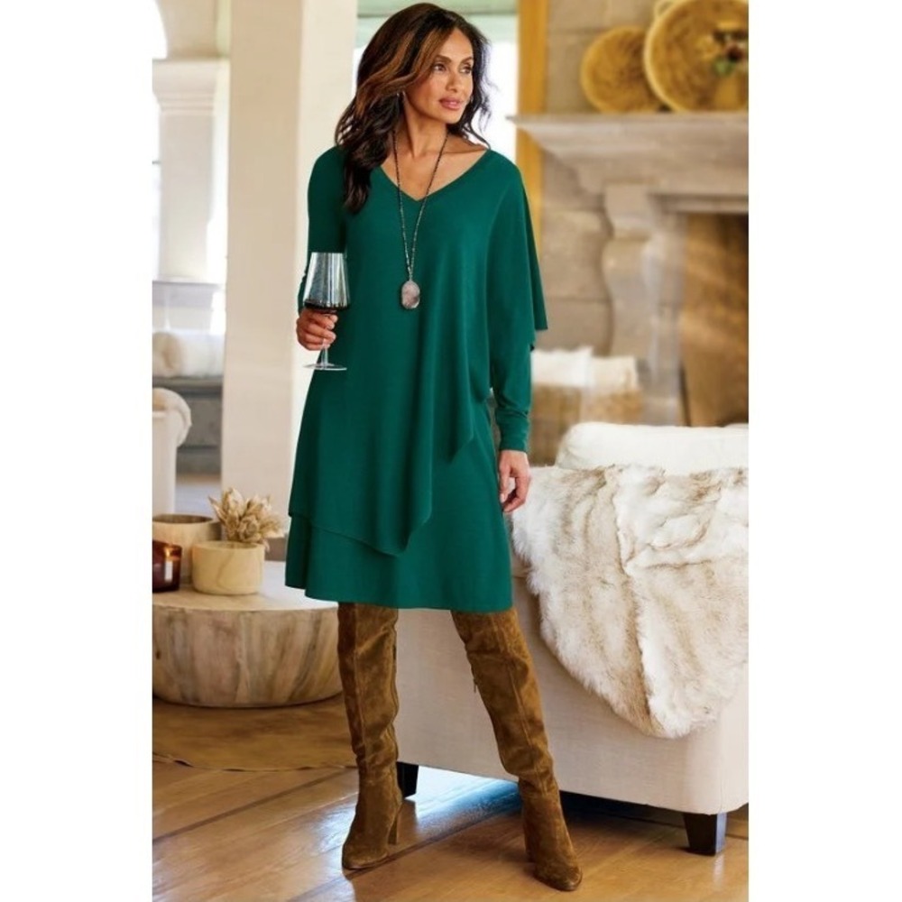 Soft Surroundings Marla Dress Jersey Knit Asymmetrical Layered V-Neck S
